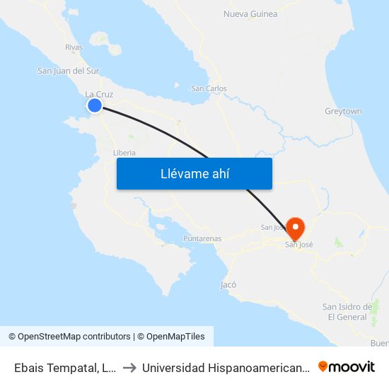 Ebais Tempatal, La Cruz to Universidad Hispanoamericana Heredia map