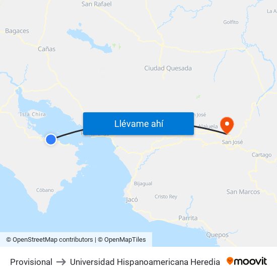 Provisional to Universidad Hispanoamericana Heredia map