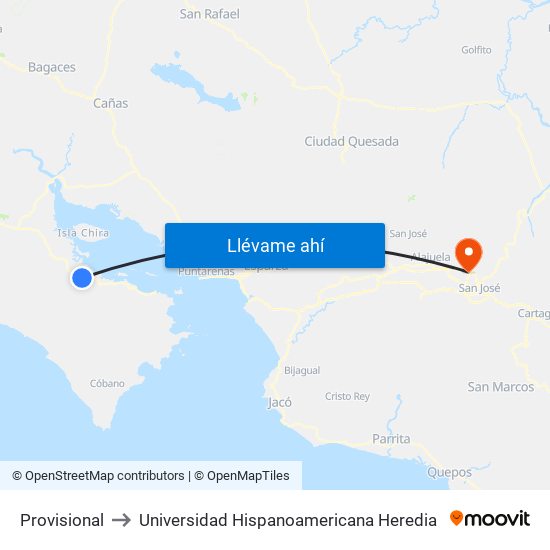 Provisional to Universidad Hispanoamericana Heredia map