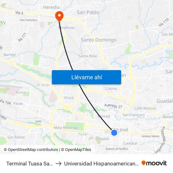 Terminal Tuasa San José to Universidad Hispanoamericana Heredia map