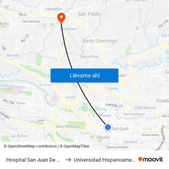 Hospital San Juan De Dios, San José to Universidad Hispanoamericana Heredia map