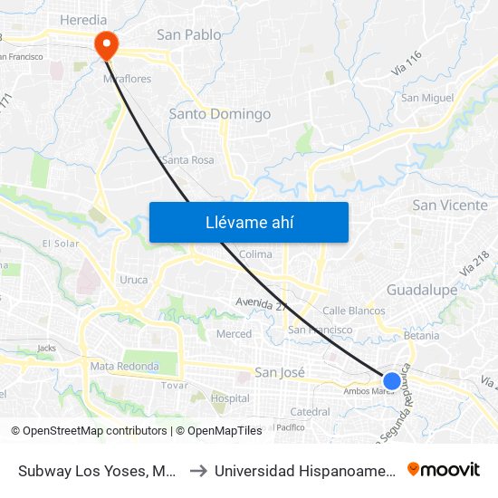 Subway Los Yoses, Montes De Oca to Universidad Hispanoamericana Heredia map