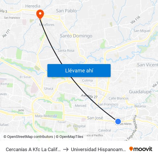 Cercanías A Kfc La California, San José to Universidad Hispanoamericana Heredia map