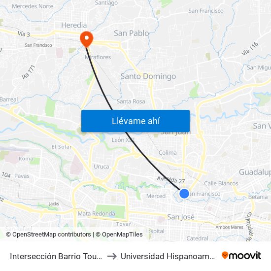 Intersección Barrio Tournon, San José to Universidad Hispanoamericana Heredia map