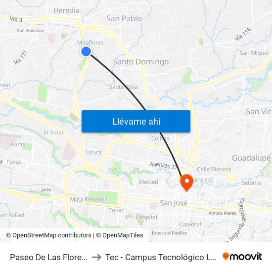 Paseo De Las Flores, Heredia to Tec - Campus Tecnológico Local San José map