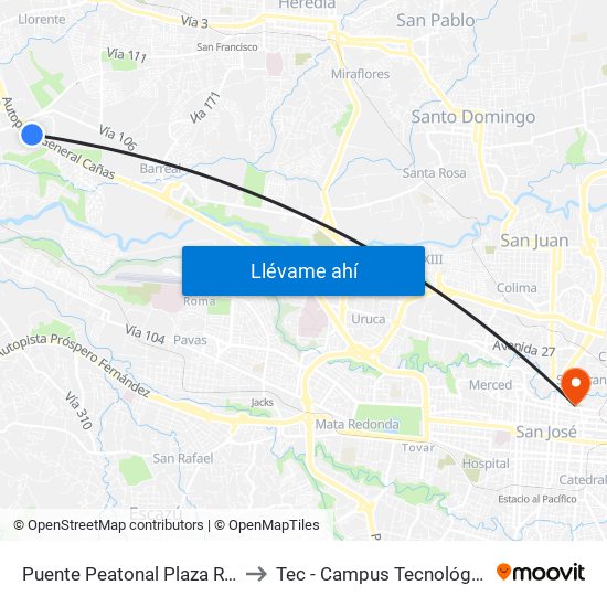 Puente Peatonal Plaza Real Cariari, Heredia to Tec - Campus Tecnológico Local San José map