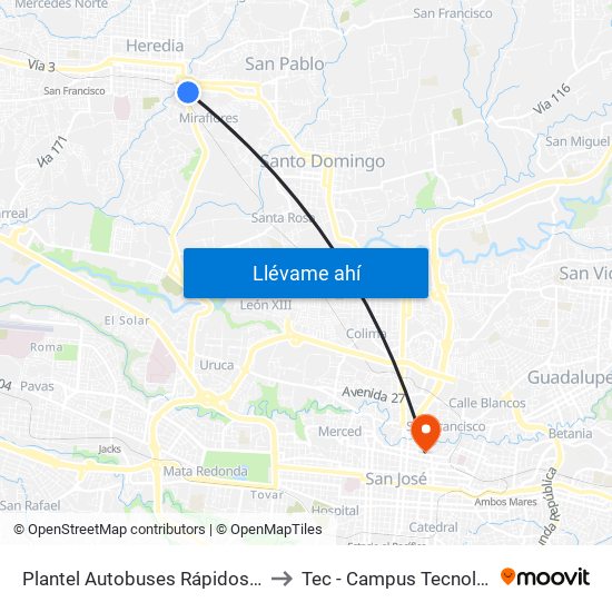 Plantel Autobuses Rápidos Heredianos, Pirro Heredia to Tec - Campus Tecnológico Local San José map