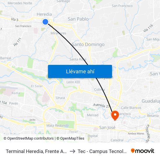 Terminal Heredia, Frente A Escuela Braulio Morales to Tec - Campus Tecnológico Local San José map