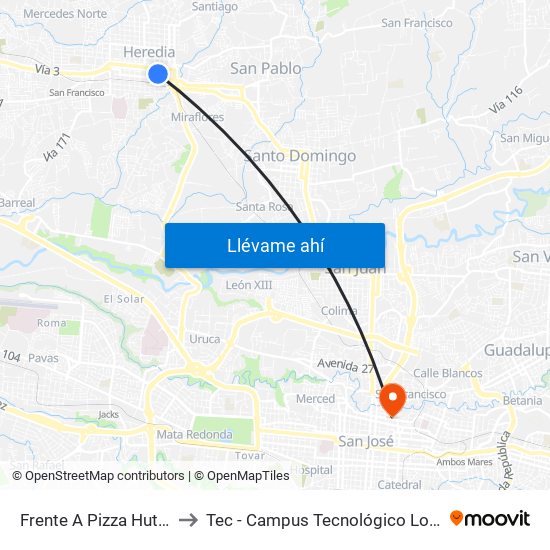 Frente A Pizza Hut, Heredia to Tec - Campus Tecnológico Local San José map