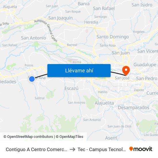 Contiguo A Centro Comercial Santa Ana Town Center to Tec - Campus Tecnológico Local San José map