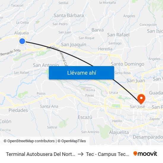 Terminal Autobusera Del Norte, Radial Francisco J. Orlich Alajuela to Tec - Campus Tecnológico Local San José map