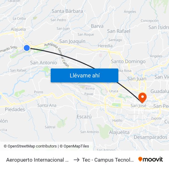 Aeropuerto Internacional Juan Santamaría, Alajuela to Tec - Campus Tecnológico Local San José map