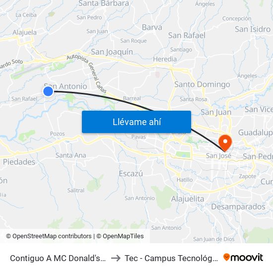 Contiguo A MC Donald's San Antonio, Belén to Tec - Campus Tecnológico Local San José map