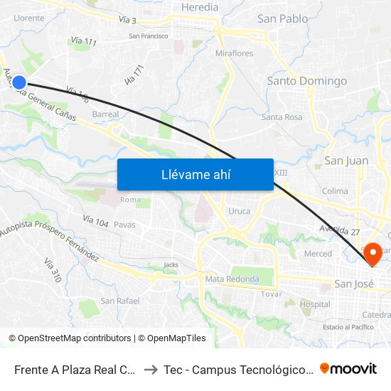 Frente A Plaza Real Cariari, Heredia to Tec - Campus Tecnológico Local San José map