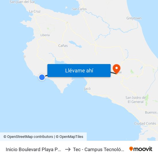 Inicio Boulevard Playa Puerto Carrillo, Nicoya to Tec - Campus Tecnológico Local San José map