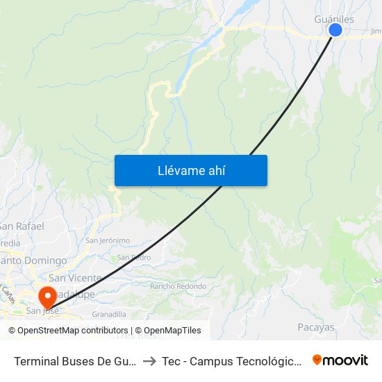 Terminal Buses De Guápiles, Pococí to Tec - Campus Tecnológico Local San José map