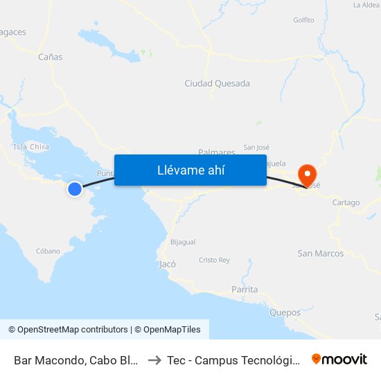 Bar Macondo, Cabo Blanco Puntarenas to Tec - Campus Tecnológico Local San José map