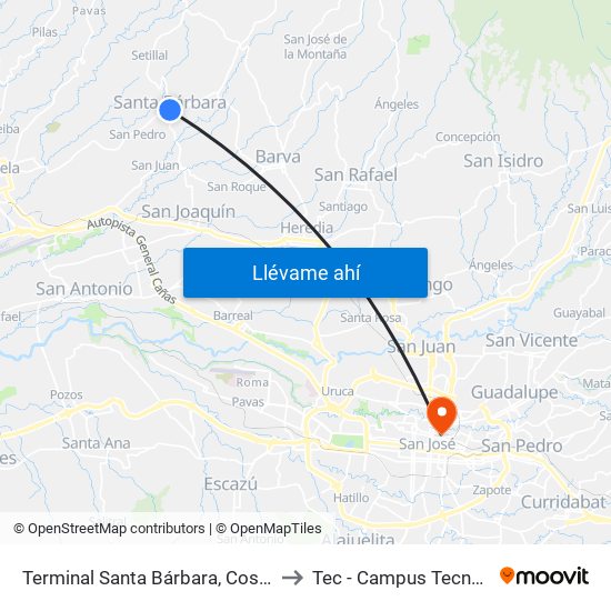 Terminal Santa Bárbara, Costado Sur Parque Santa Bárbara to Tec - Campus Tecnológico Local San José map