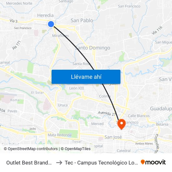 Outlet Best Brands Heredia to Tec - Campus Tecnológico Local San José map