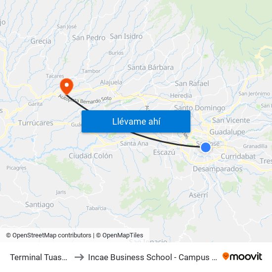 Terminal Tuasa San José to Incae Business School - Campus Walter Kissling Gam map