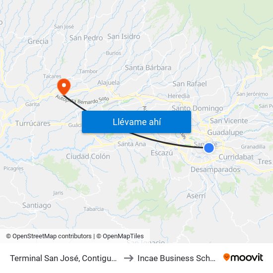 Terminal San José, Contiguo A Agencia Western Union Avenida Segunda to Incae Business School - Campus Walter Kissling Gam map