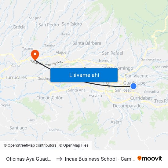 Oficinas Aya Guadalupe, Goicoechea to Incae Business School - Campus Walter Kissling Gam map