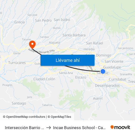 Intersección Barrio Tournon, San José to Incae Business School - Campus Walter Kissling Gam map