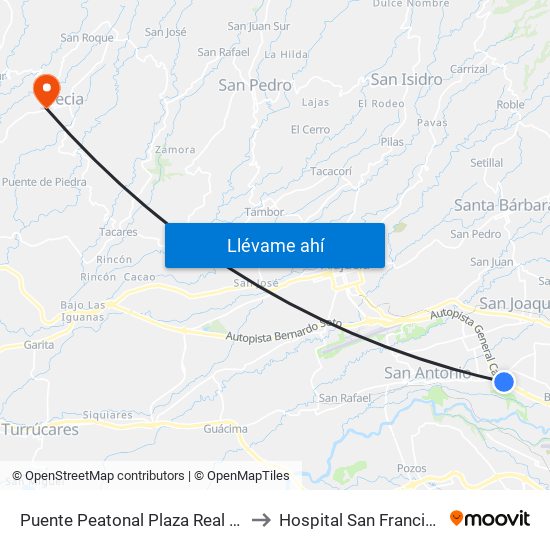 Puente Peatonal Plaza Real Cariari, Heredia to Hospital San Francisco De Asis map