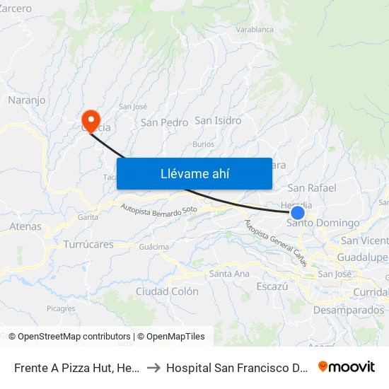 Frente A Pizza Hut, Heredia to Hospital San Francisco De Asis map