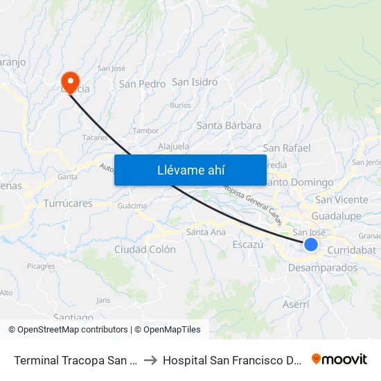 Terminal Tracopa San José to Hospital San Francisco De Asis map