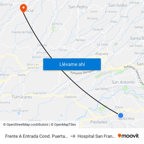 Frente A Entrada Cond. Puerta De Hierro, Santa Ana to Hospital San Francisco De Asis map