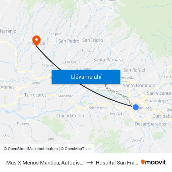 Más X Menos Mántica, Autopista General Cañas San José to Hospital San Francisco De Asis map