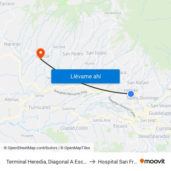 Terminal Heredia, Diagonal A Escuela Braulio Morales Cervantes to Hospital San Francisco De Asis map