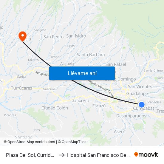 Plaza Del Sol, Curridabat to Hospital San Francisco De Asis map