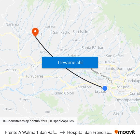 Frente A Walmart San Rafael, Escazú to Hospital San Francisco De Asis map