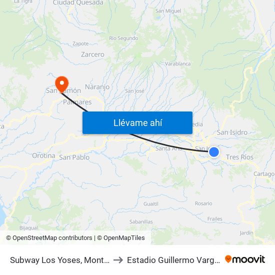 Subway Los Yoses, Montes De Oca to Estadio Guillermo Vargas Roldán map