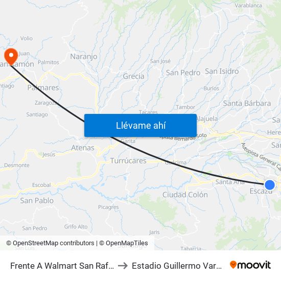 Frente A Walmart San Rafael, Escazú to Estadio Guillermo Vargas Roldán map