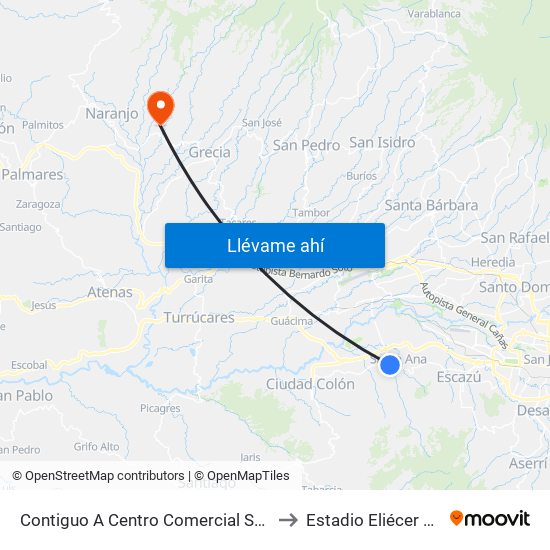 Contiguo A Centro Comercial Santa Ana Town Center to Estadio Eliécer Pérez Conejo map
