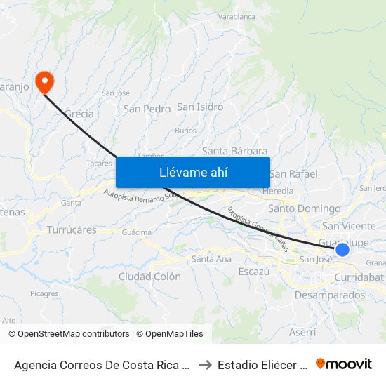 Agencia Correos De Costa Rica Guadalupe, Goicoechea to Estadio Eliécer Pérez Conejo map