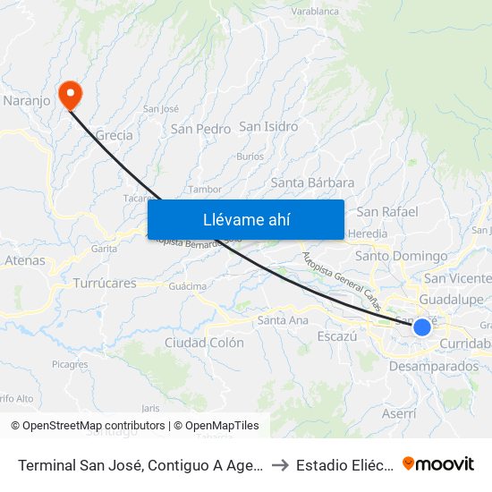 Terminal San José, Contiguo A Agencia Western Union Avenida Segunda to Estadio Eliécer Pérez Conejo map