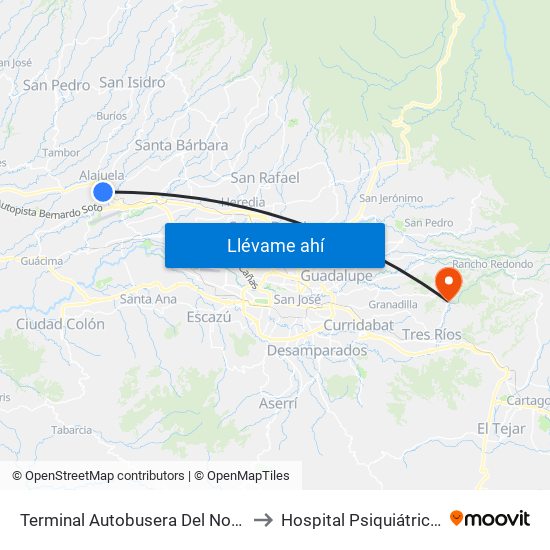 Terminal Autobusera Del Norte, Radial Francisco J. Orlich Alajuela to Hospital Psiquiátrico Dr. Roberto Chacón Paut map