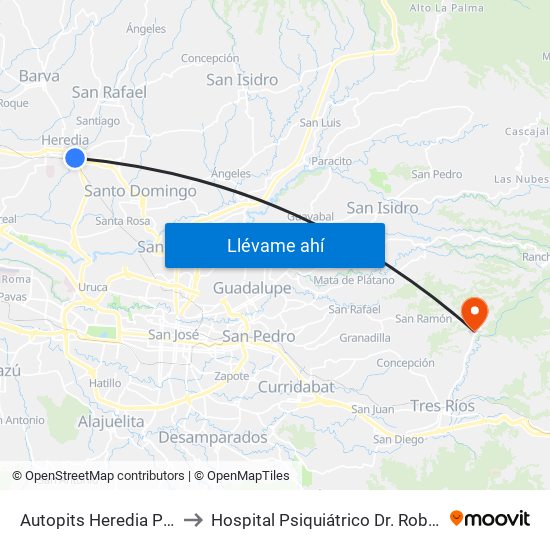 Autopits Heredia Pirro, Heredia to Hospital Psiquiátrico Dr. Roberto Chacón Paut map