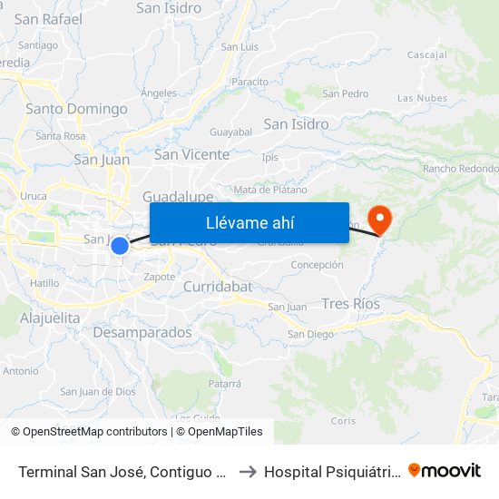 Terminal San José, Contiguo A Agencia Western Union Avenida Segunda to Hospital Psiquiátrico Dr. Roberto Chacón Paut map