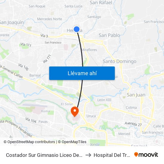 Costador Sur Gimnasio Liceo De Heredia to Hospital Del Trauma map