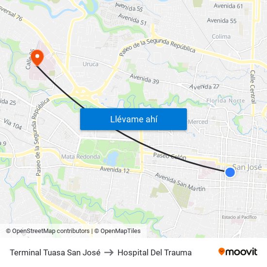 Terminal Tuasa San José to Hospital Del Trauma map