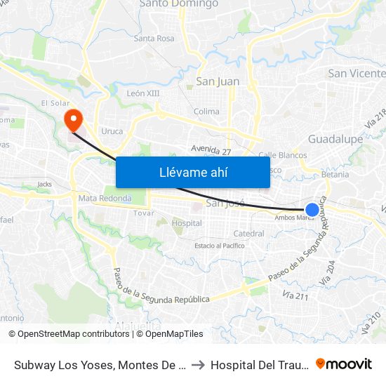 Subway Los Yoses, Montes De Oca to Hospital Del Trauma map