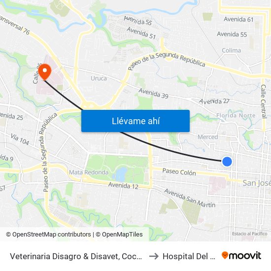 Veterinaria Disagro & Disavet, Coca Cola San José to Hospital Del Trauma map