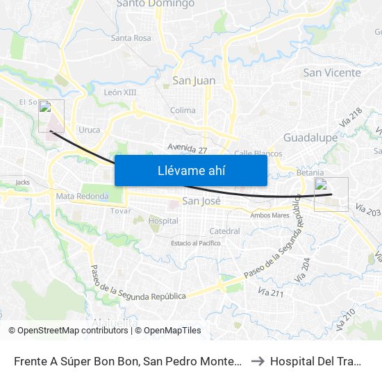 Frente A Súper Bon Bon, San Pedro Montes De Oca to Hospital Del Trauma map