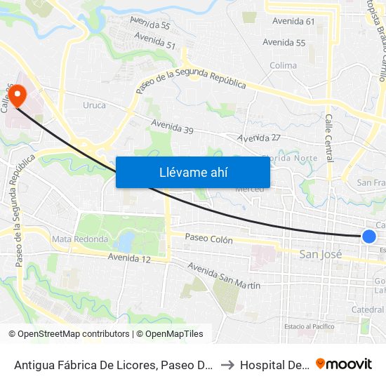 Antigua Fábrica De Licores, Paseo De Las Damas San José to Hospital Del Trauma map