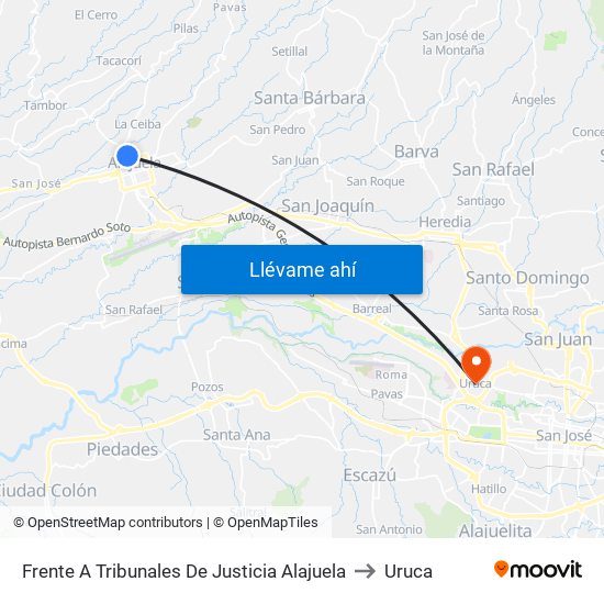 Frente A Tribunales De Justicia Alajuela to Uruca map